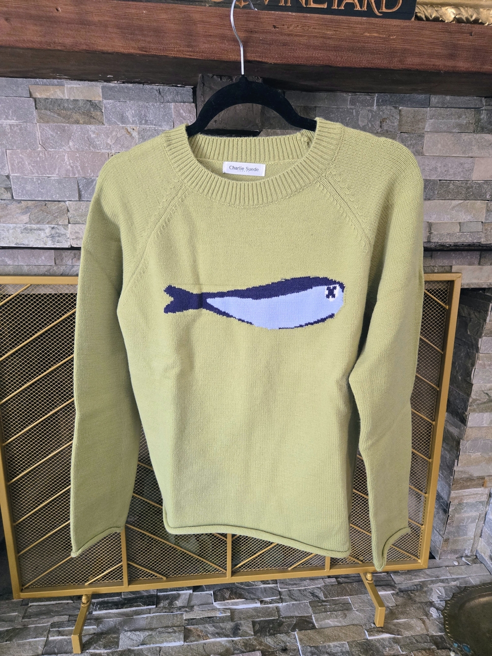 ​NWOT Olive Green Blue Fish Knit Crewneck Sweater Size L / XL